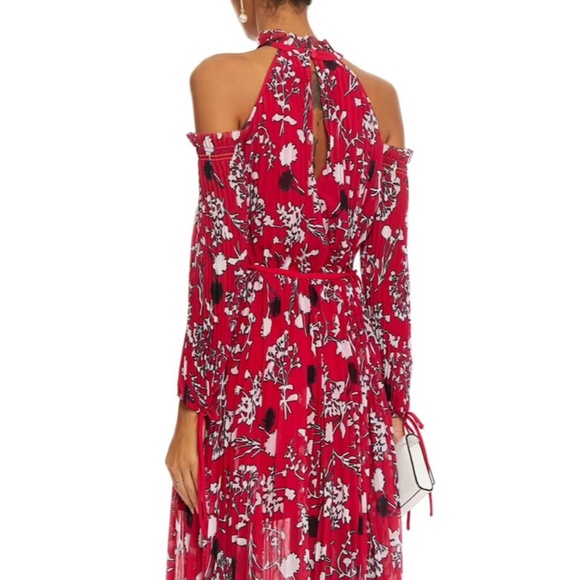 Self-Portrait Floral Chiffon Maxi Dress Red Cold Shoulder Pleated Hi-Low Size SM - Picture 8 of 16